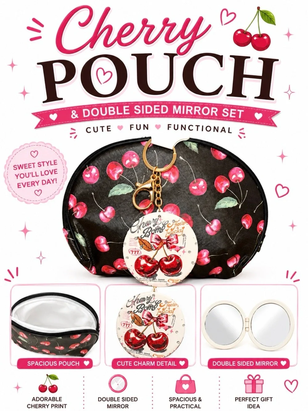 CHERRY COSMETIC BAG POUCH & DOUBLE SIDED MIRROR SET